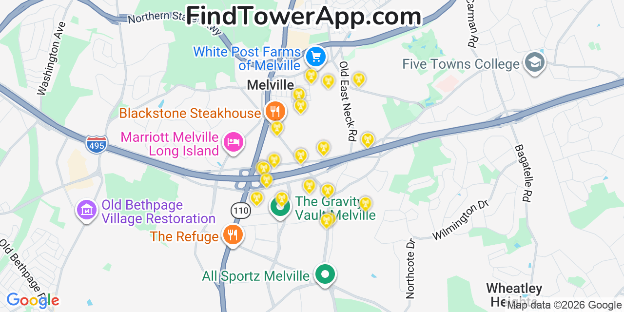Map showing the 20 primary cell tower locations detected in Melville, New York from AT&T, Verizon, and T-Mobile networks
