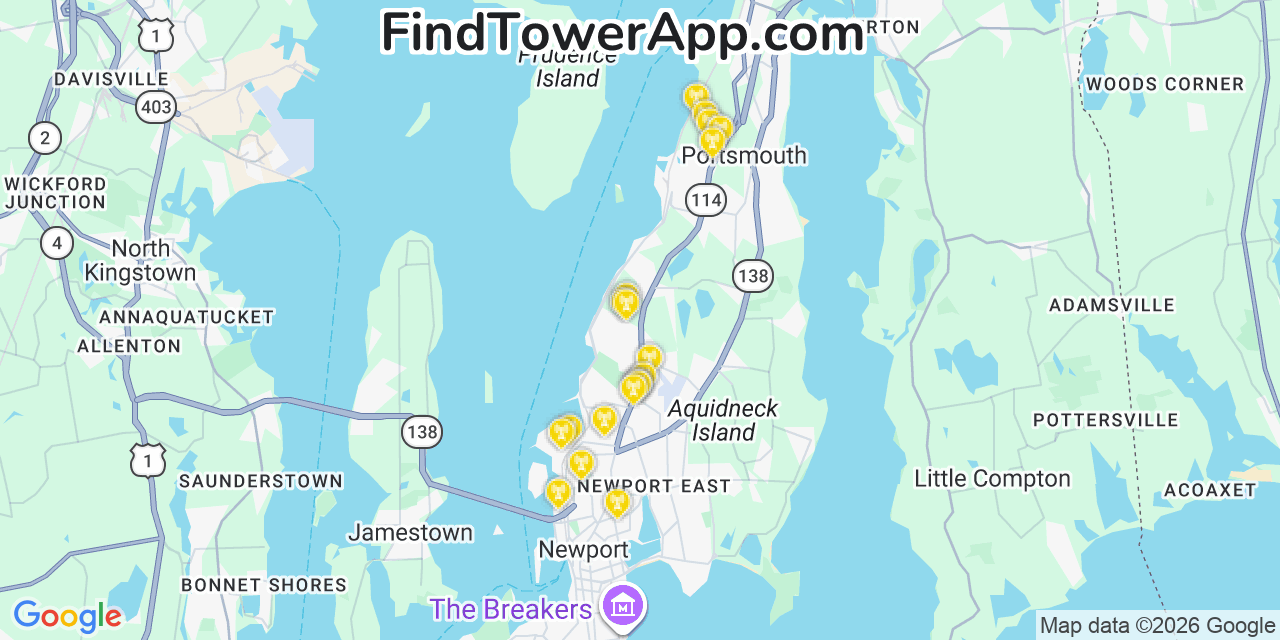 Map showing the 20 primary cell tower locations detected in Melville, Rhode Island from AT&T, Verizon, and T-Mobile networks