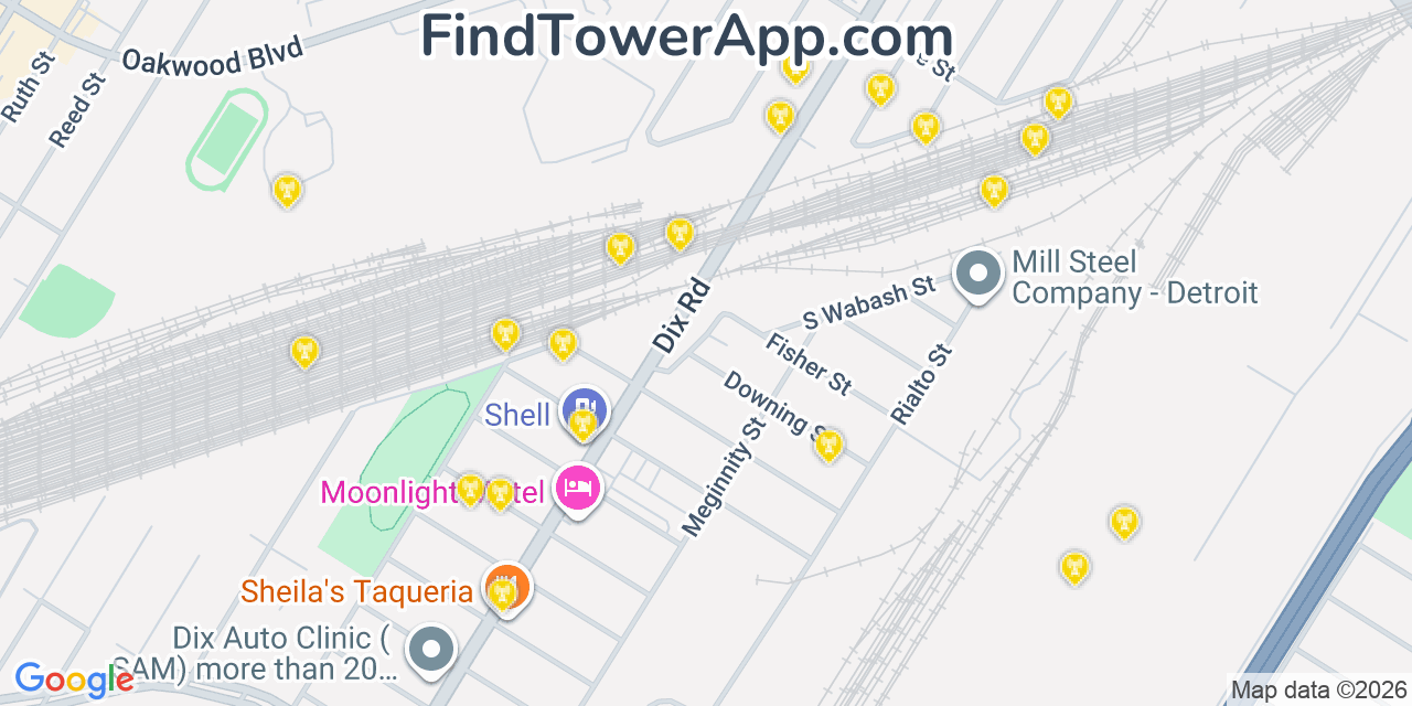 Map showing the 20 primary cell tower locations detected in Melvindale, Michigan from AT&T, Verizon, and T-Mobile networks