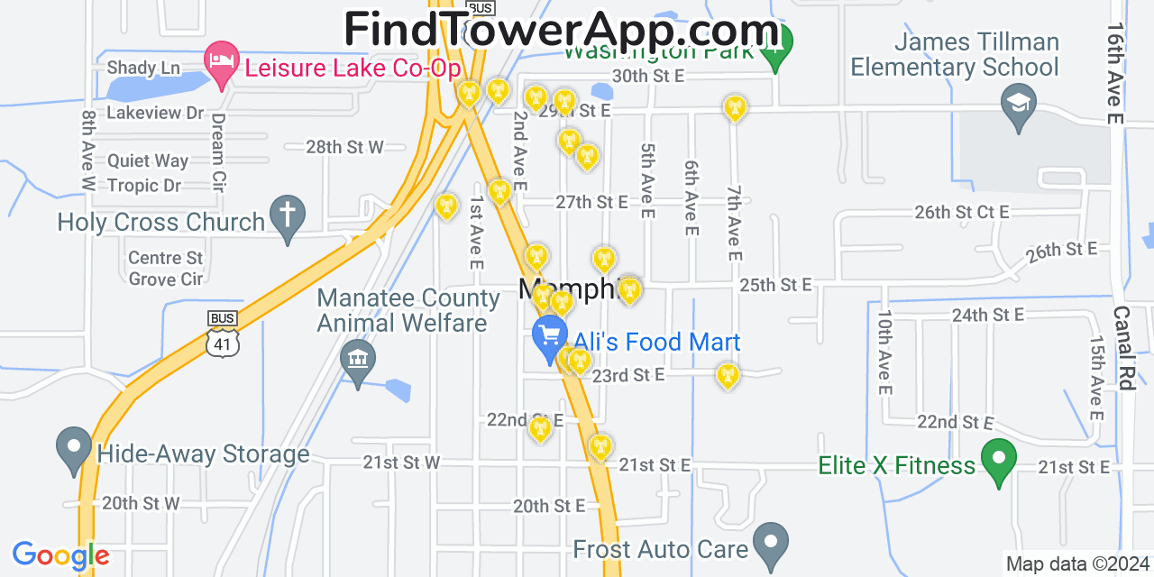 AT&T 4G/5G cell tower coverage map Memphis, Florida