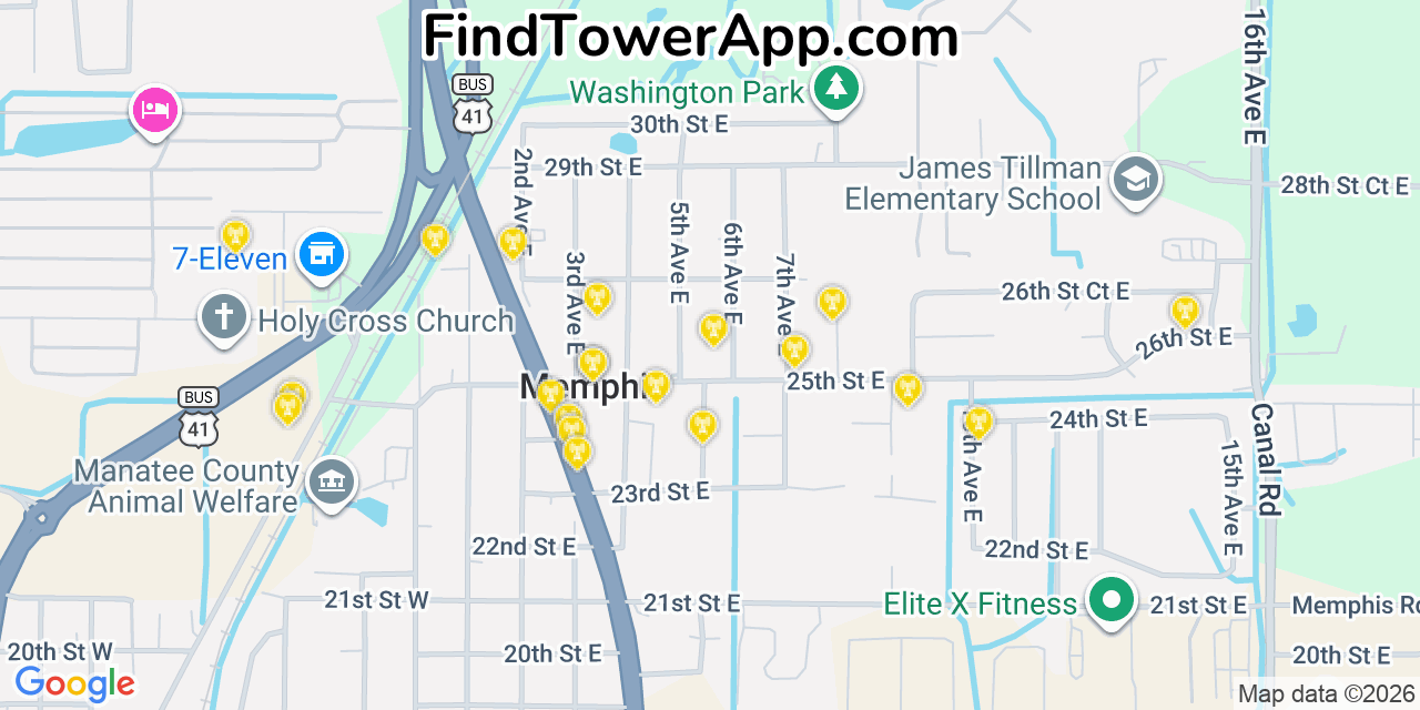 Map showing the 20 primary cell tower locations detected in Memphis, Florida from AT&T, Verizon, and T-Mobile networks