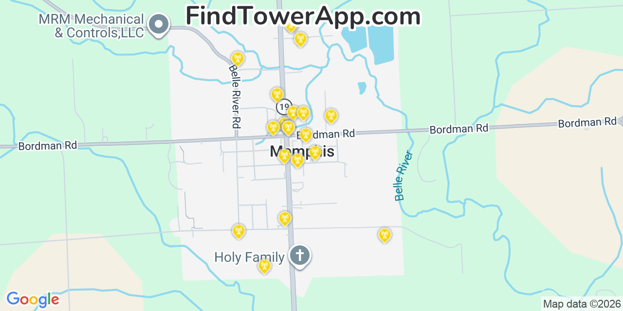 Map showing the 20 primary cell tower locations detected in Memphis, Michigan from AT&T, Verizon, and T-Mobile networks