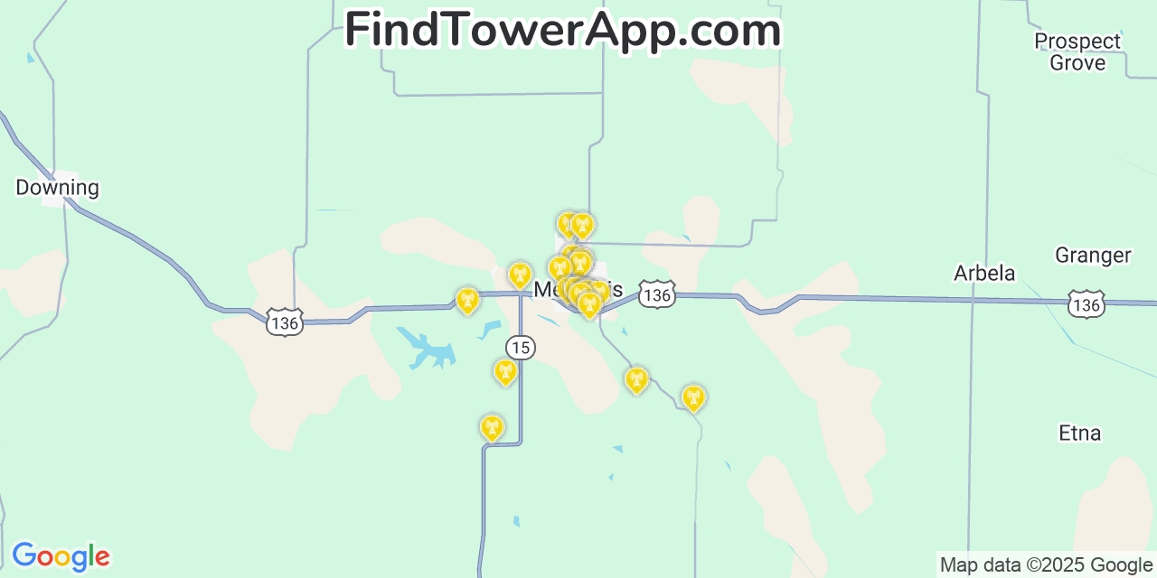Map showing the 20 primary cell tower locations detected in Memphis, Missouri from AT&T, Verizon, and T-Mobile networks