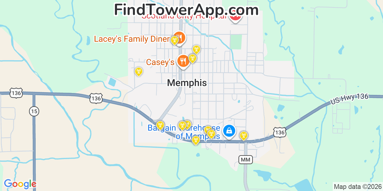 Map showing the 20 primary cell tower locations detected in Memphis, Missouri from AT&T, Verizon, and T-Mobile networks