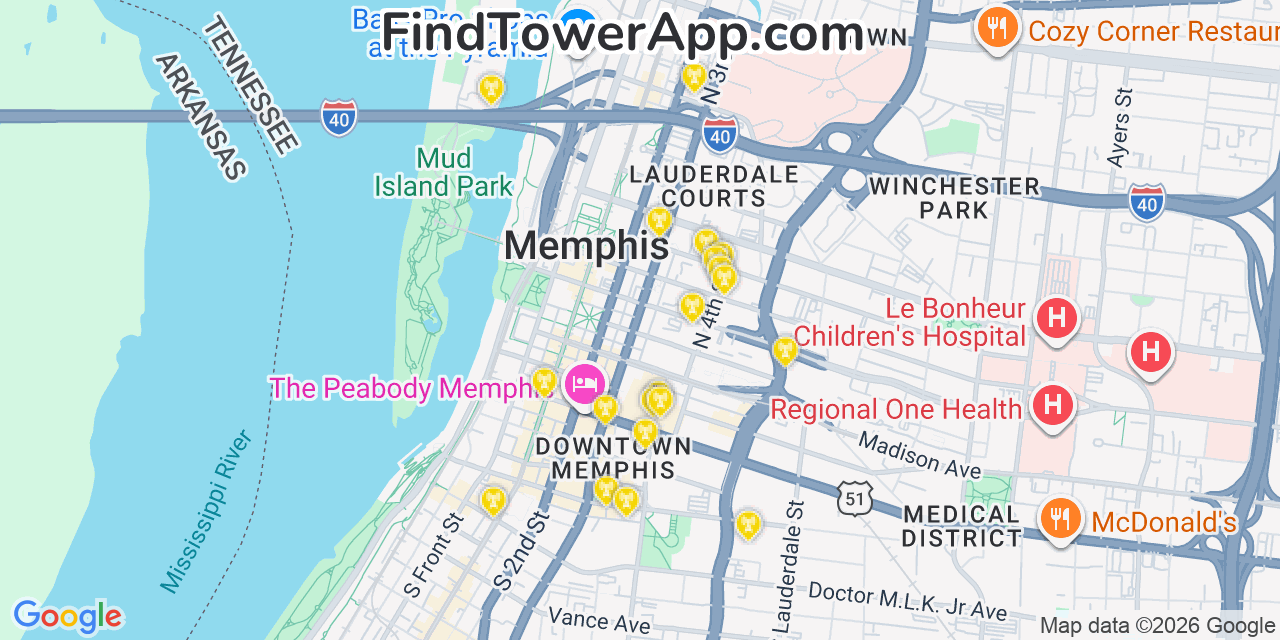 Map showing the 20 primary cell tower locations detected in Memphis, Tennessee from AT&T, Verizon, and T-Mobile networks