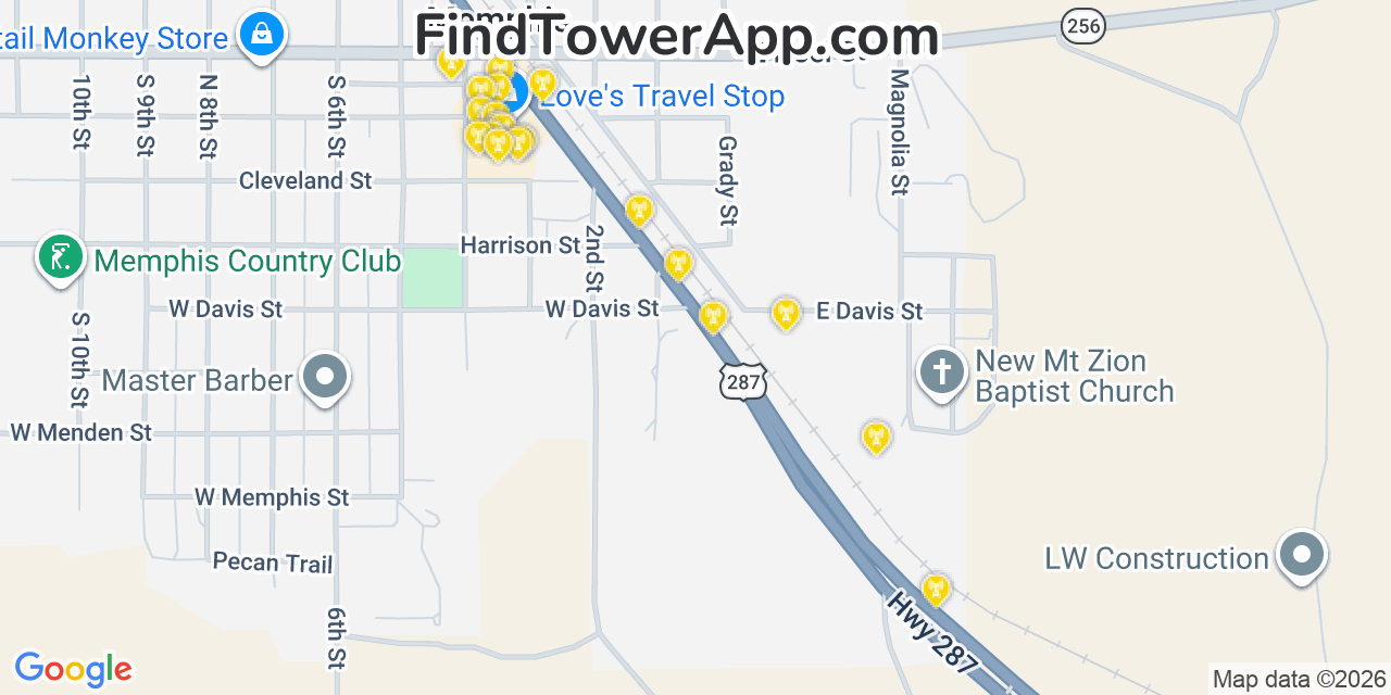 Map showing the 20 primary cell tower locations detected in Memphis, Texas from AT&T, Verizon, and T-Mobile networks