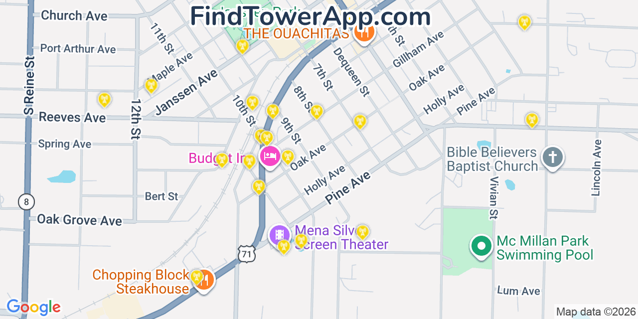 Map showing the 20 primary cell tower locations detected in Mena, Arkansas from AT&T, Verizon, and T-Mobile networks