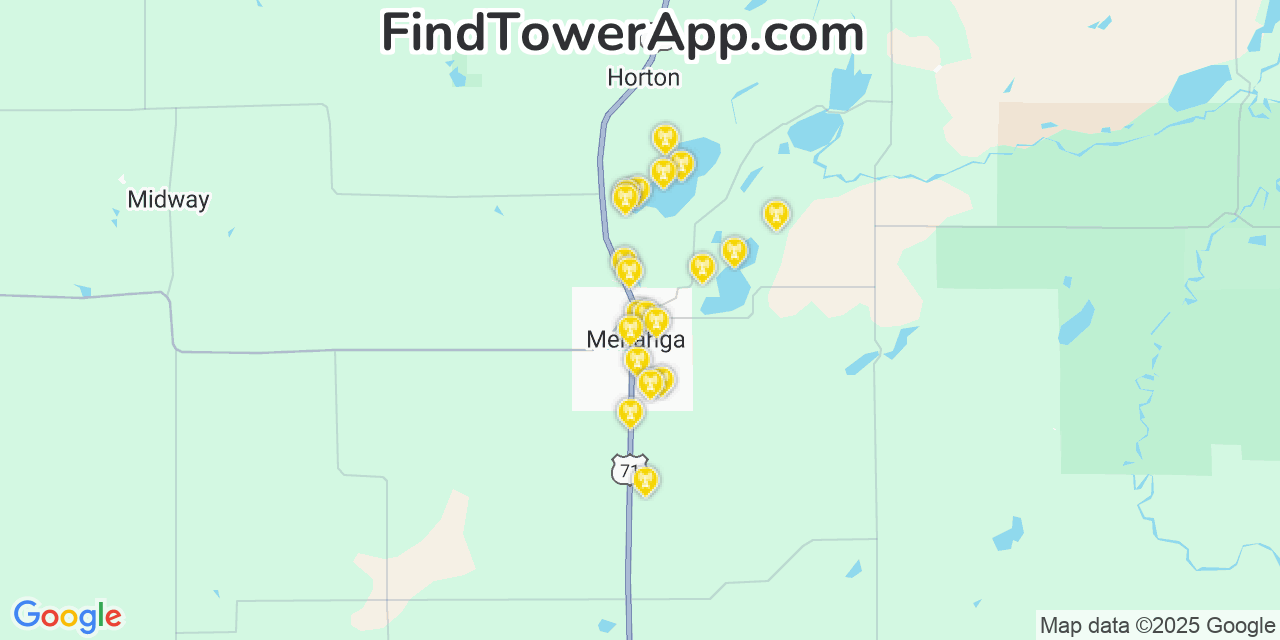 Map showing the 20 primary cell tower locations detected in Menahga, Minnesota from AT&T, Verizon, and T-Mobile networks