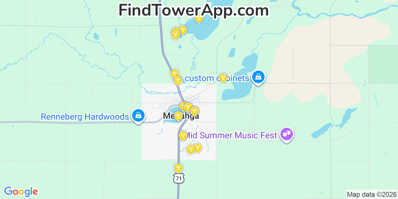 Map showing the 20 primary cell tower locations detected in Menahga, Minnesota from AT&T, Verizon, and T-Mobile networks