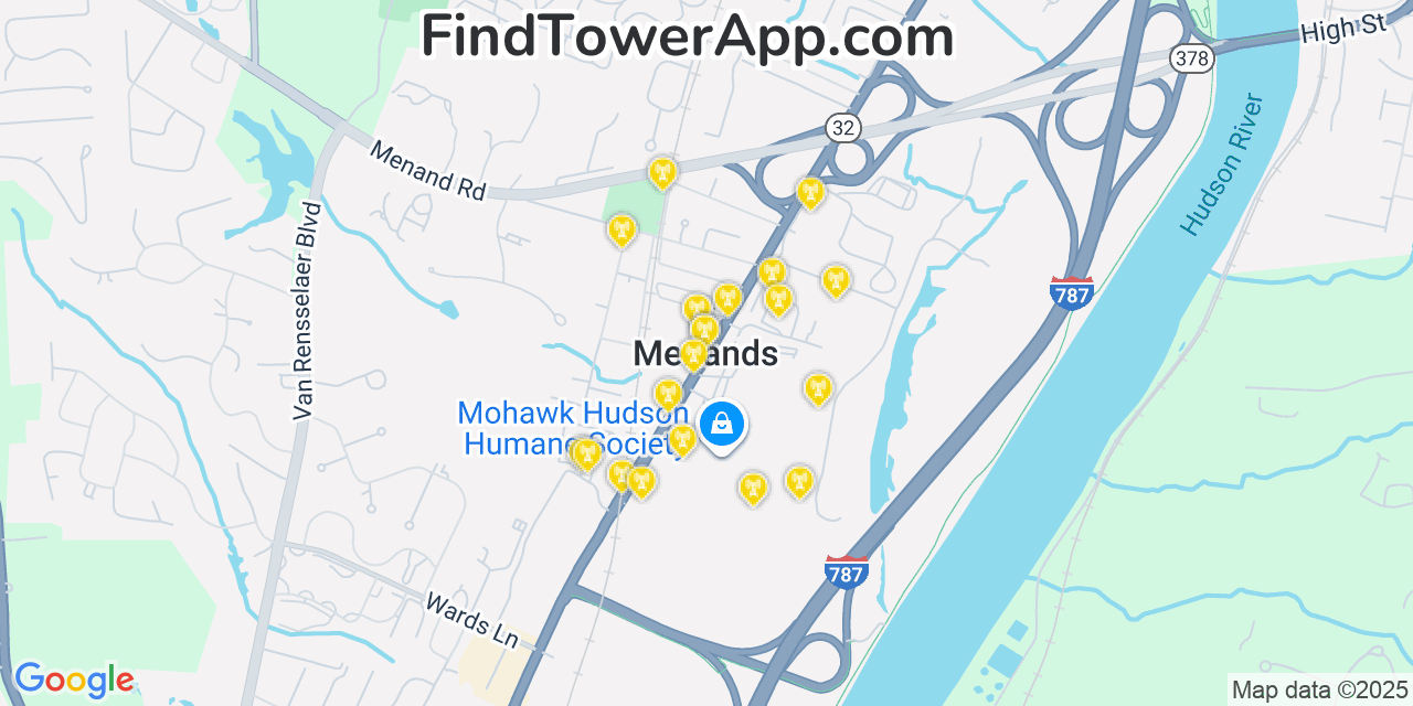 Map showing the 20 primary cell tower locations detected in Menands, New York from AT&T, Verizon, and T-Mobile networks