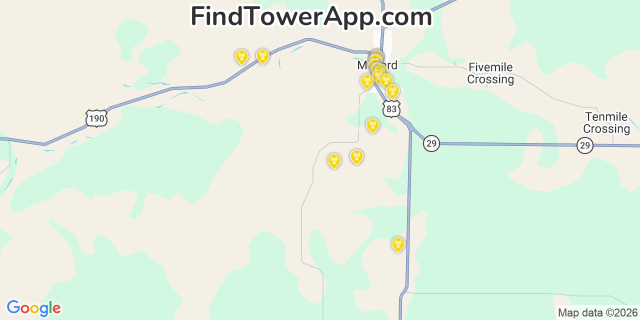 Map showing the 20 primary cell tower locations detected in Menard, Texas from AT&T, Verizon, and T-Mobile networks