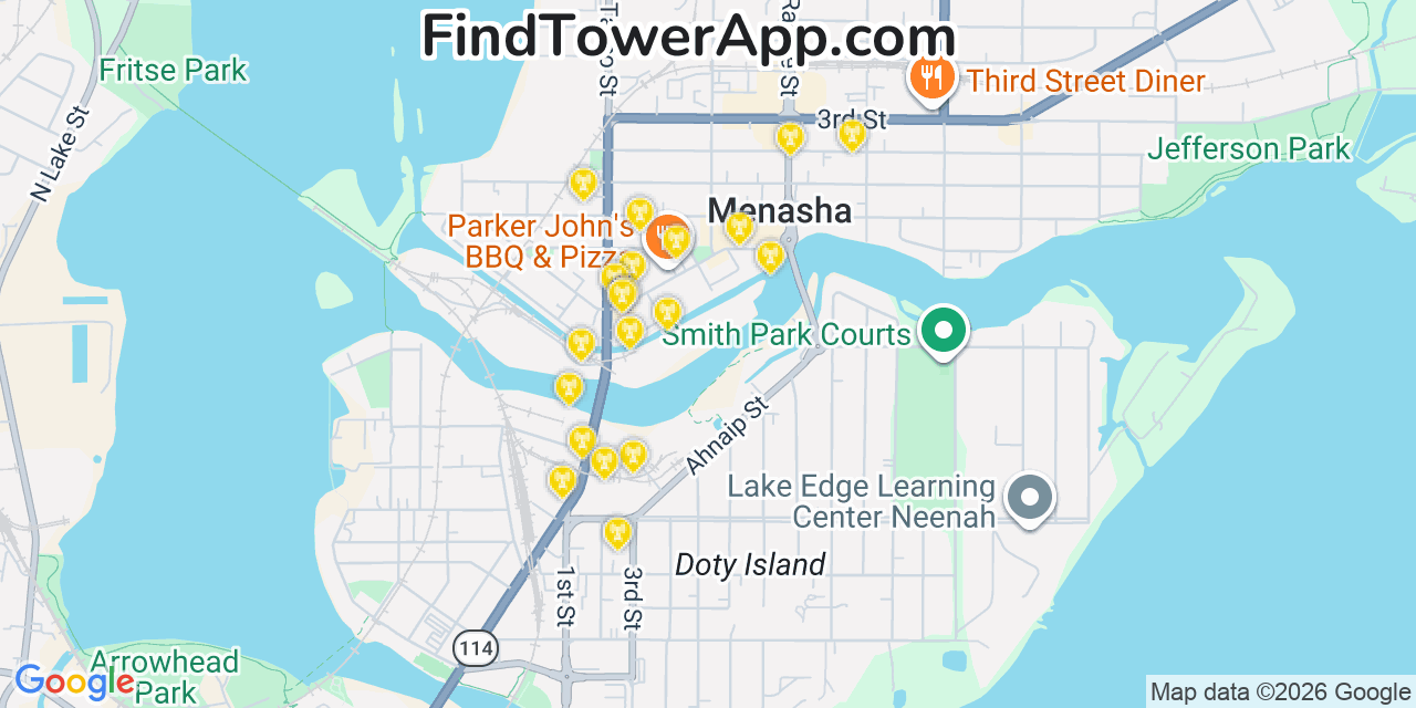 Map showing the 20 primary cell tower locations detected in Menasha, Wisconsin from AT&T, Verizon, and T-Mobile networks