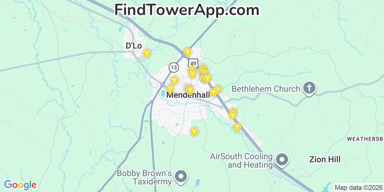 Map showing the 20 primary cell tower locations detected in Mendenhall, Mississippi from AT&T, Verizon, and T-Mobile networks