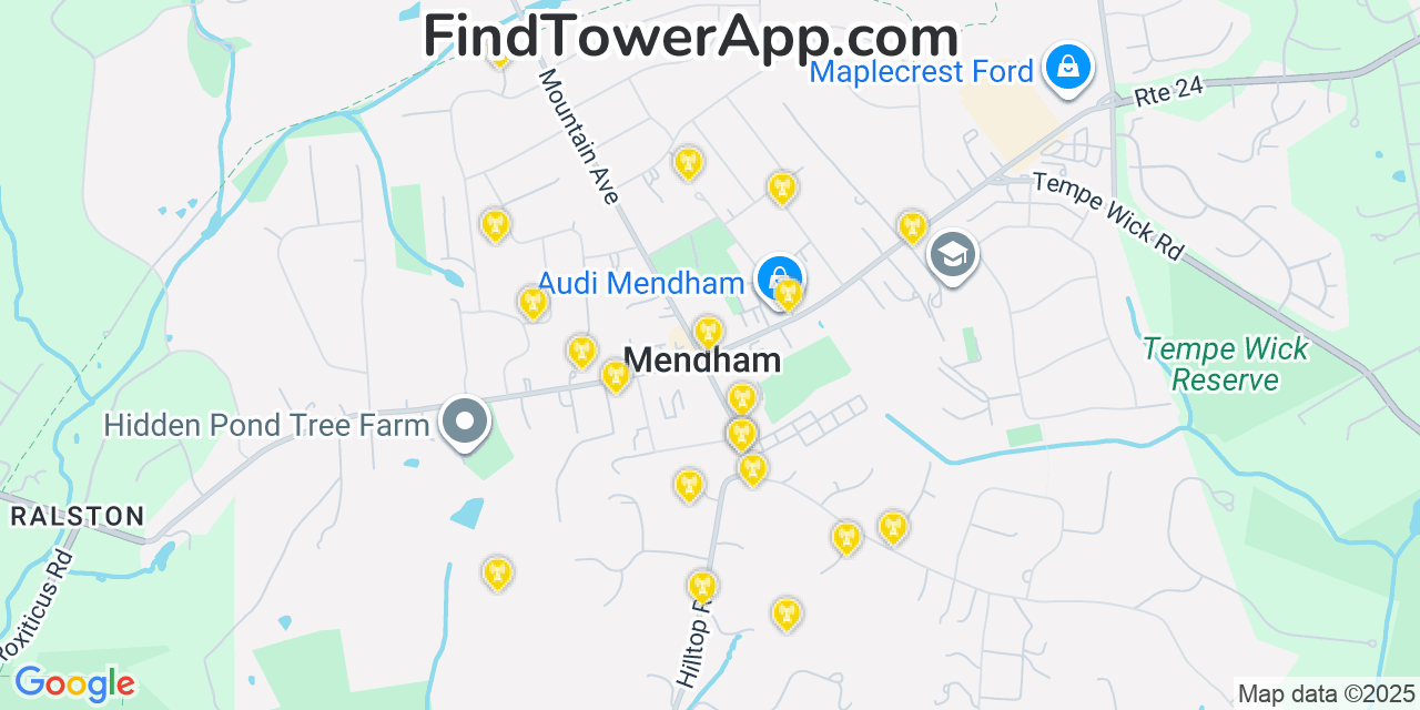 Map showing the 20 primary cell tower locations detected in Mendham, New Jersey from AT&T, Verizon, and T-Mobile networks