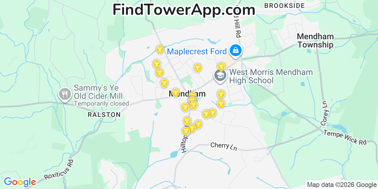 Map showing the 20 primary cell tower locations detected in Mendham, New Jersey from AT&T, Verizon, and T-Mobile networks
