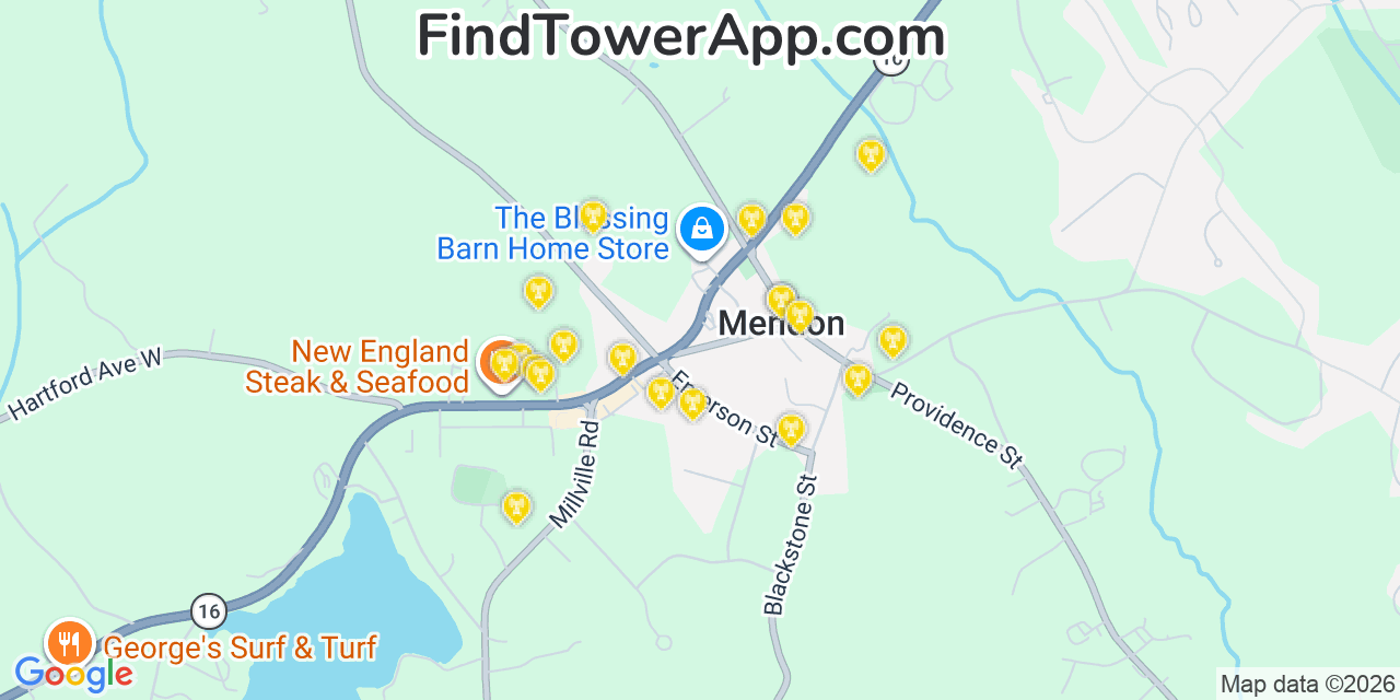Map showing the 20 primary cell tower locations detected in Mendon, Massachusetts from AT&T, Verizon, and T-Mobile networks