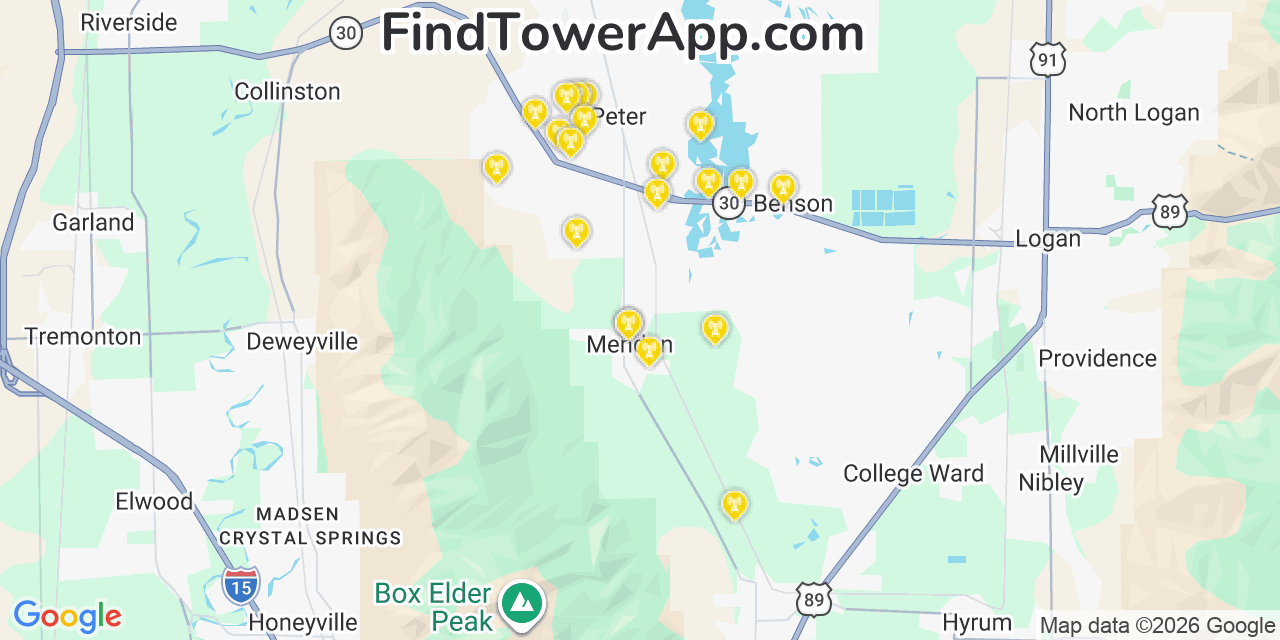 Map showing the 20 primary cell tower locations detected in Mendon, Utah from AT&T, Verizon, and T-Mobile networks