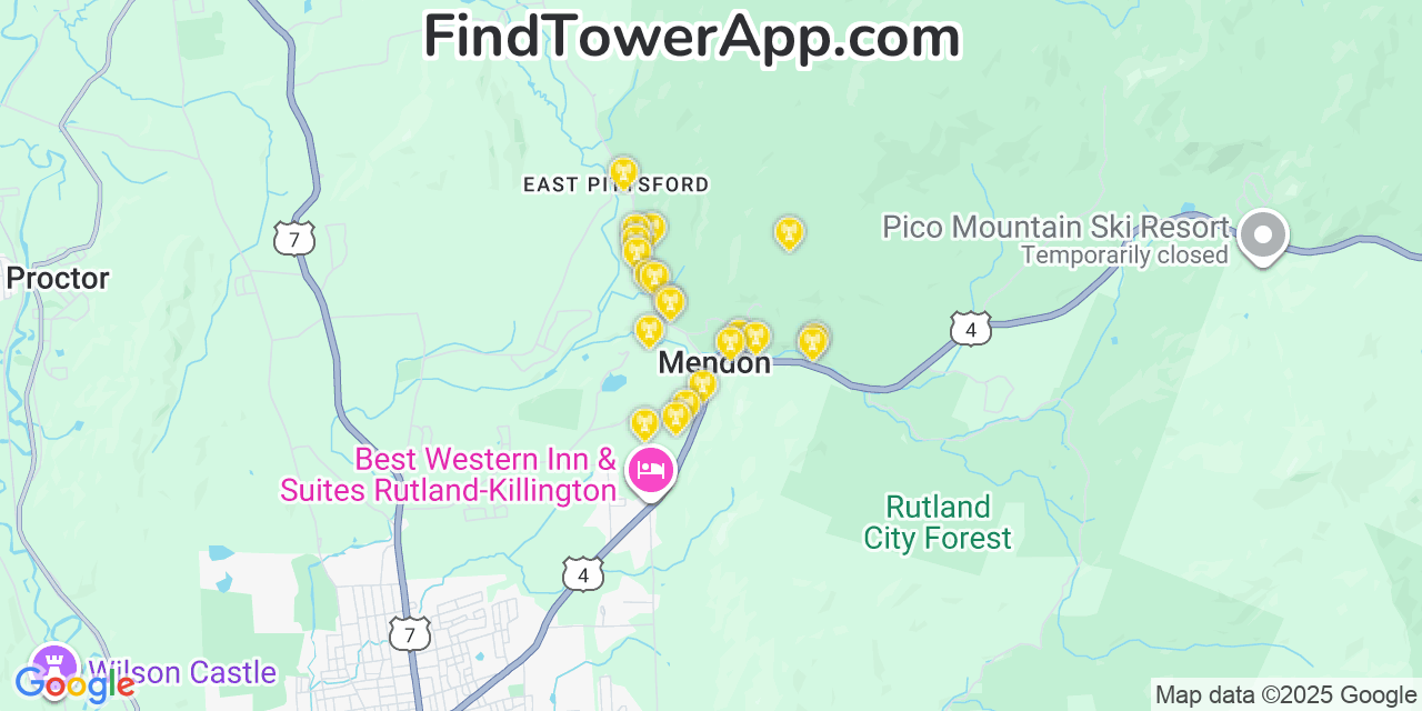 Map showing the 20 primary cell tower locations detected in Mendon, Vermont from AT&T, Verizon, and T-Mobile networks