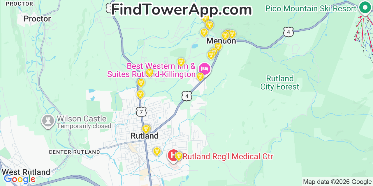 Map showing the 20 primary cell tower locations detected in Mendon, Vermont from AT&T, Verizon, and T-Mobile networks