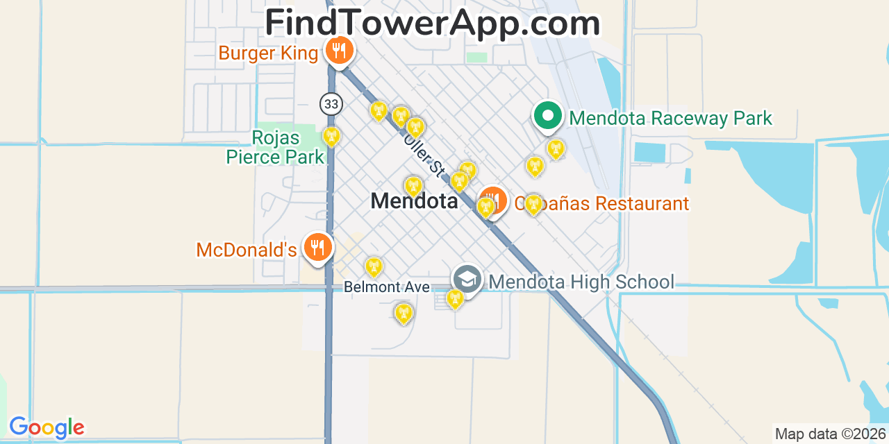 Map showing the 20 primary cell tower locations detected in Mendota, California from AT&T, Verizon, and T-Mobile networks