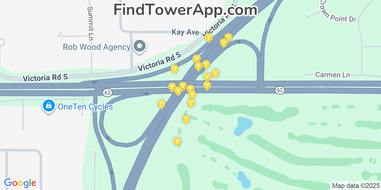 Map showing the 20 primary cell tower locations detected in Mendota Heights, Minnesota from AT&T, Verizon, and T-Mobile networks