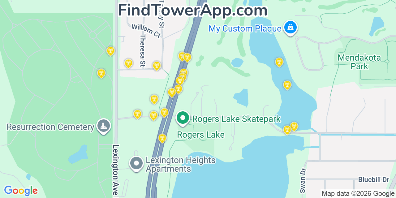 Map showing the 20 primary cell tower locations detected in Mendota Heights, Minnesota from AT&T, Verizon, and T-Mobile networks