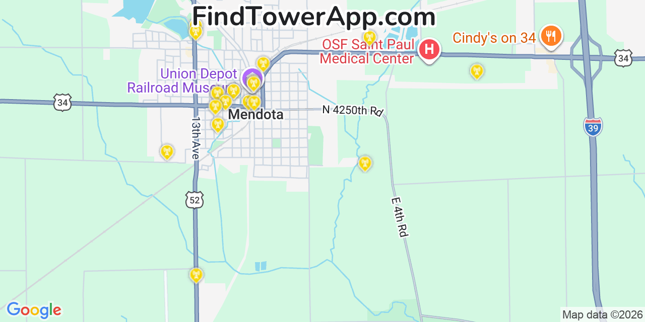Map showing the 20 primary cell tower locations detected in Mendota, Illinois from AT&T, Verizon, and T-Mobile networks