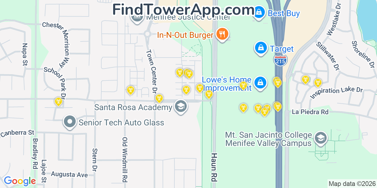 Map showing the 20 primary cell tower locations detected in Menifee, California from AT&T, Verizon, and T-Mobile networks