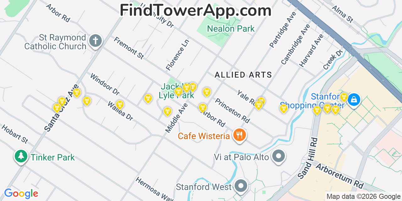 Map showing the 20 primary cell tower locations detected in Menlo Park, California from AT&T, Verizon, and T-Mobile networks