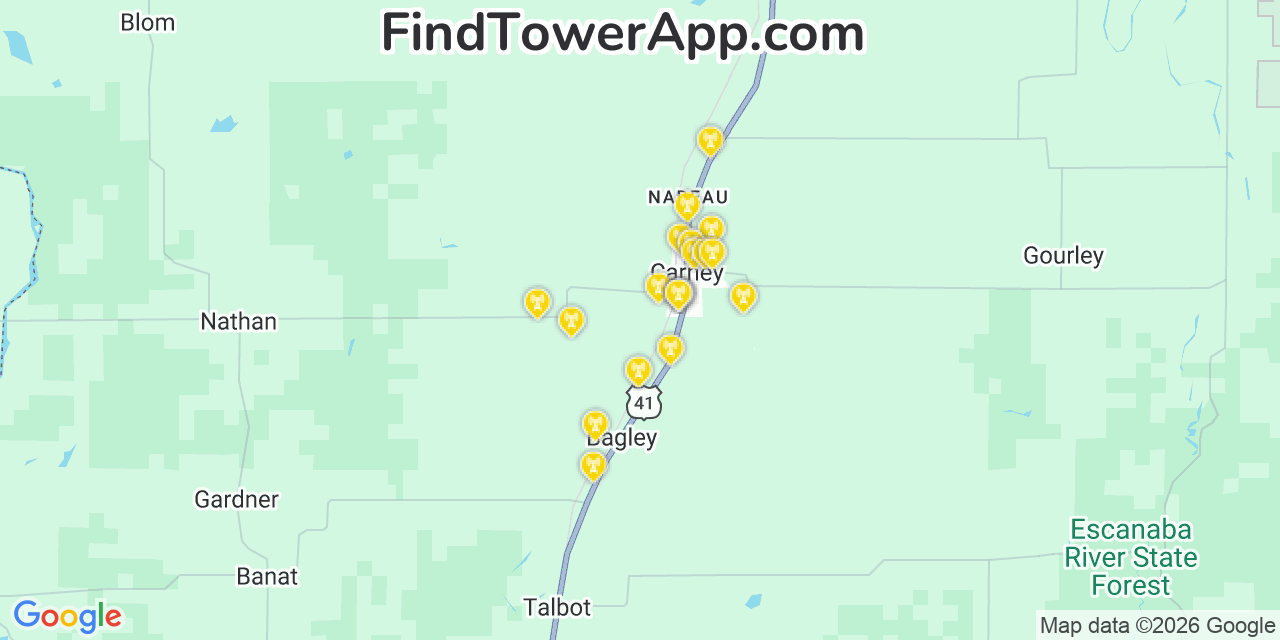 Map showing the 20 primary cell tower locations detected in Menominee, Michigan from AT&T, Verizon, and T-Mobile networks