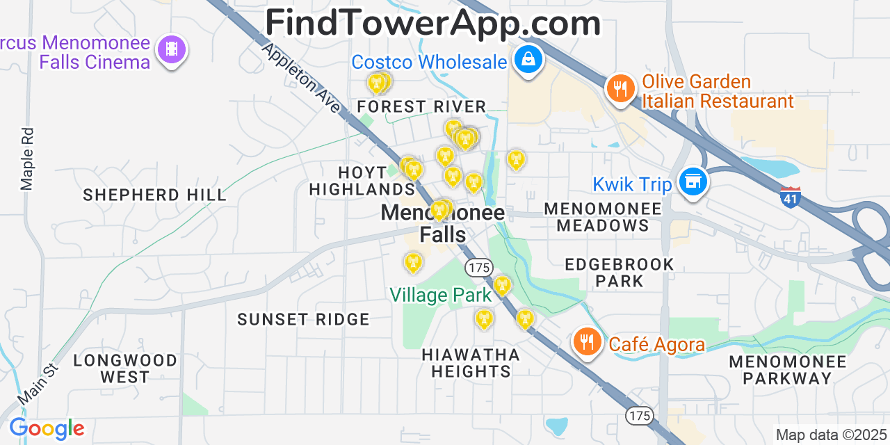 Map showing the 20 primary cell tower locations detected in Menomonee Falls, Wisconsin from AT&T, Verizon, and T-Mobile networks