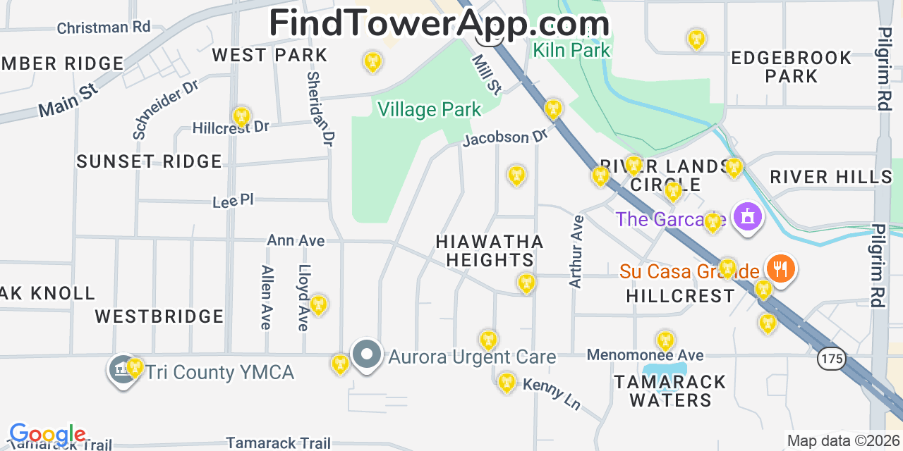 Map showing the 20 primary cell tower locations detected in Menomonee Falls, Wisconsin from AT&T, Verizon, and T-Mobile networks