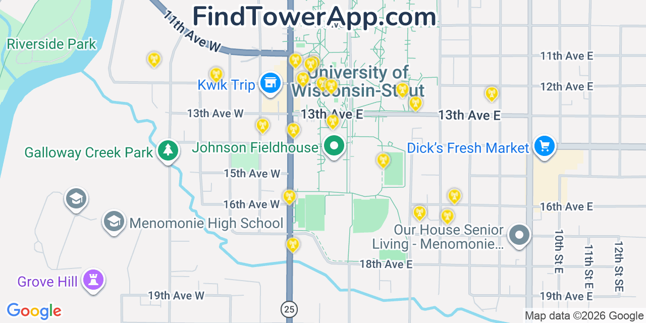 Map showing the 20 primary cell tower locations detected in Menomonie, Wisconsin from AT&T, Verizon, and T-Mobile networks