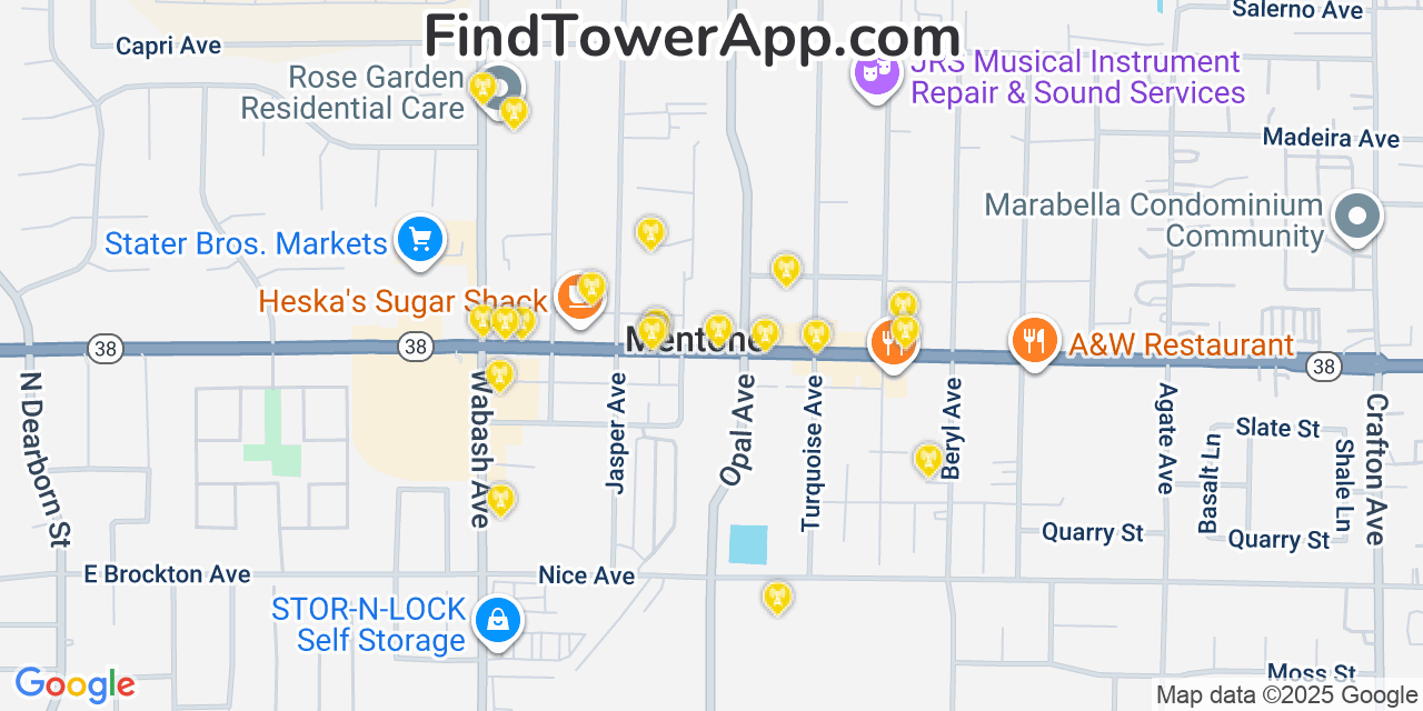 Map showing the 20 primary cell tower locations detected in Mentone, California from AT&T, Verizon, and T-Mobile networks