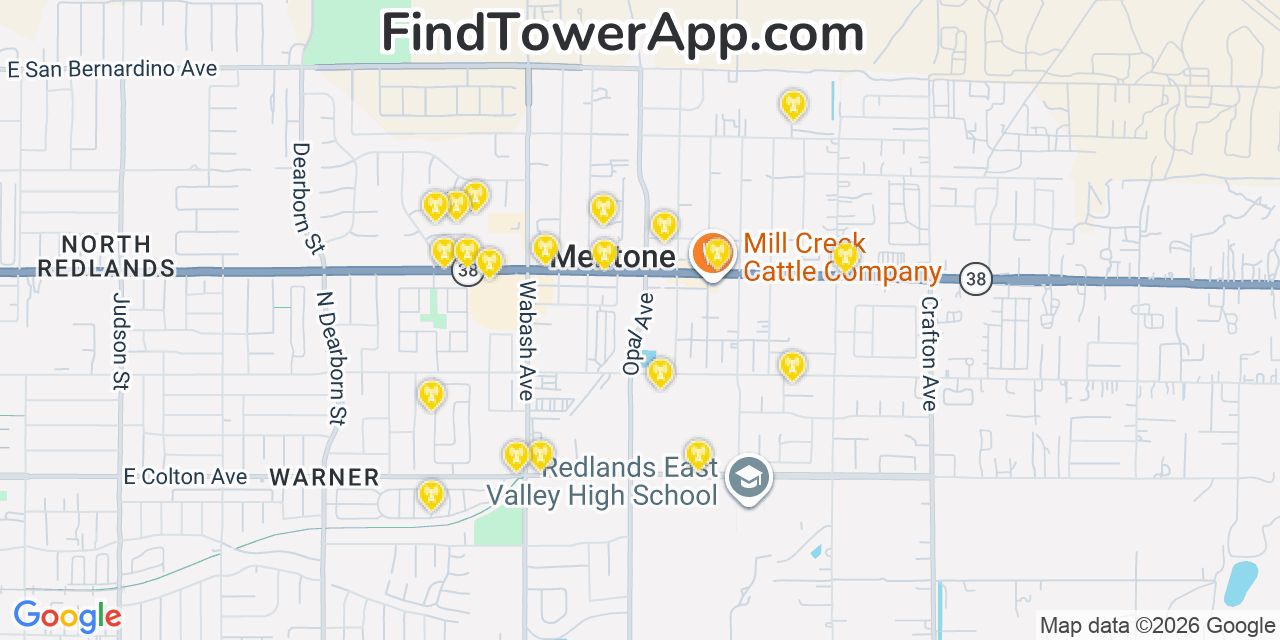 Map showing the 20 primary cell tower locations detected in Mentone, California from AT&T, Verizon, and T-Mobile networks