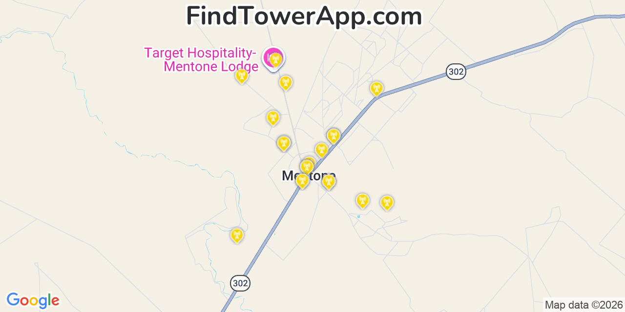 Map showing the 20 primary cell tower locations detected in Mentone, Texas from AT&T, Verizon, and T-Mobile networks