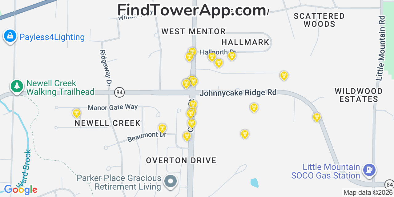 Map showing the 20 primary cell tower locations detected in Mentor, Ohio from AT&T, Verizon, and T-Mobile networks