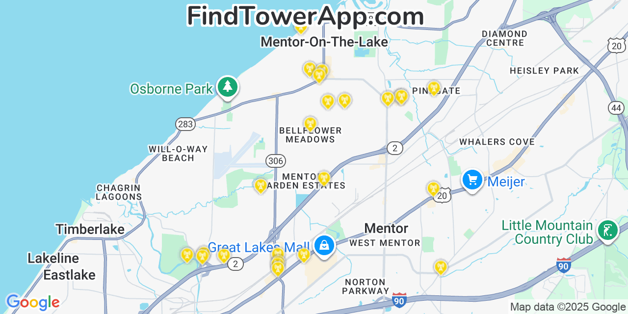 Map showing the 21 primary AT&T cell tower locations detected in Mentor On The Lake, Ohio with coverage radius and signal strength indicators