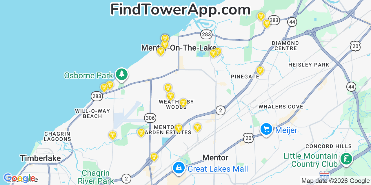 Map showing the 20 primary cell tower locations detected in Mentor On The Lake, Ohio from AT&T, Verizon, and T-Mobile networks