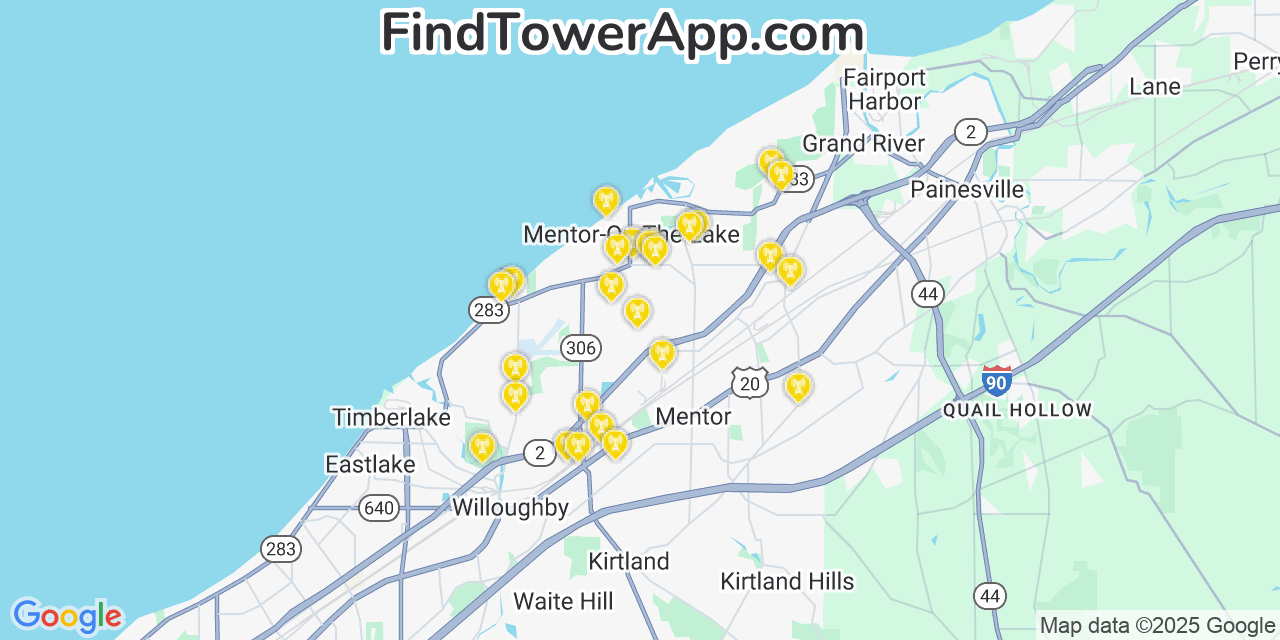 Map showing the 21 primary T-Mobile cell tower locations detected in Mentor On The Lake, Ohio with coverage radius and signal strength indicators