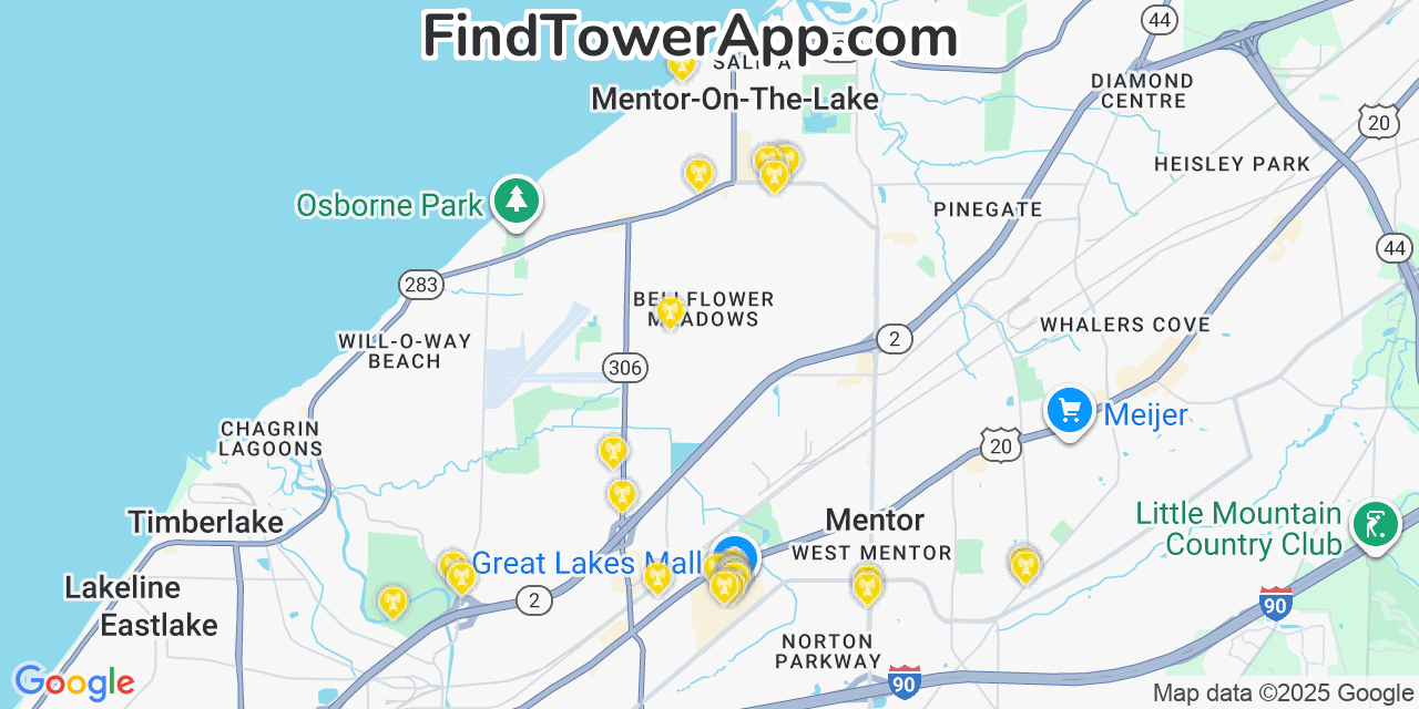 Map showing the 21 primary Verizon cell tower locations detected in Mentor On The Lake, Ohio with coverage radius and signal strength indicators