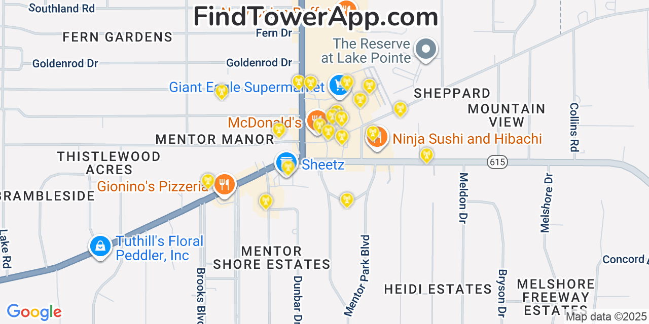 Map showing the 20 primary cell tower locations detected in Mentor-on-the-Lake, Ohio from AT&T, Verizon, and T-Mobile networks