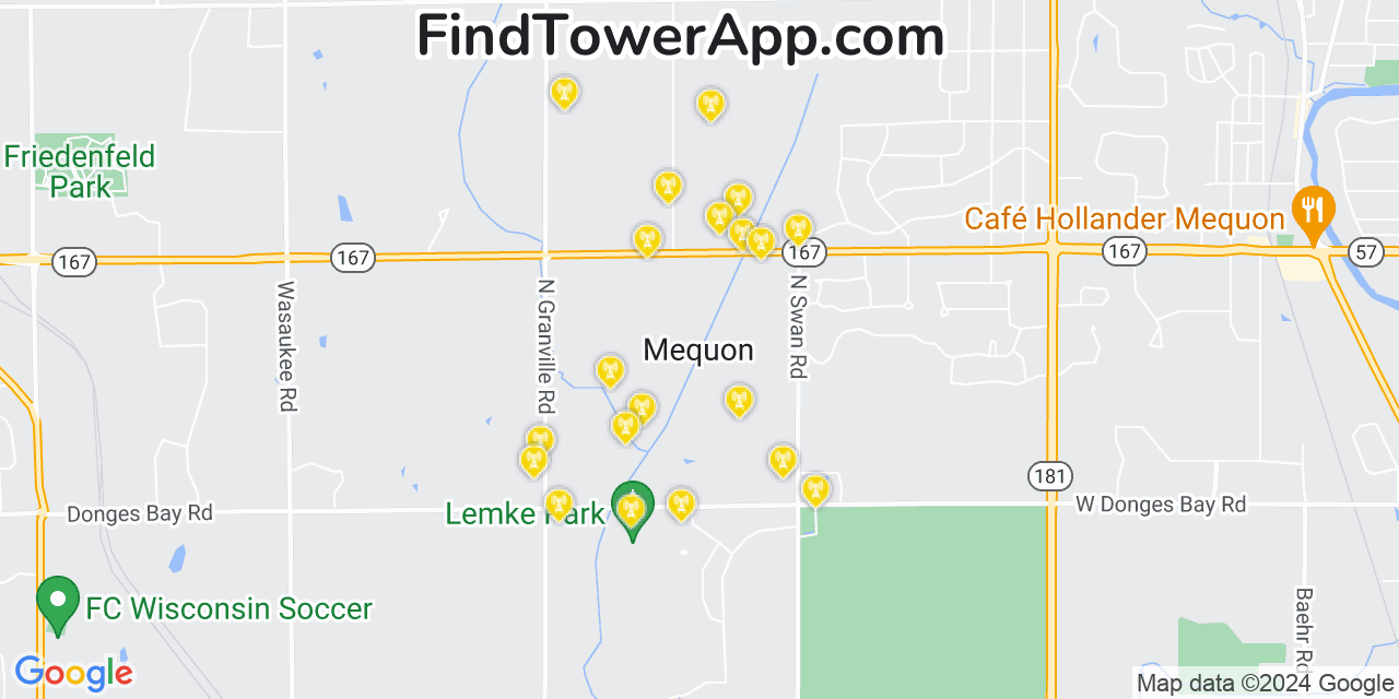 AT&T 4G/5G cell tower coverage map Mequon, Wisconsin