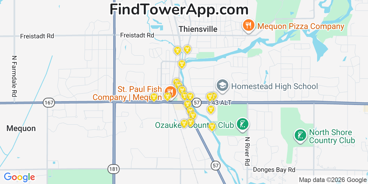 Map showing the 20 primary cell tower locations detected in Mequon, Wisconsin from AT&T, Verizon, and T-Mobile networks