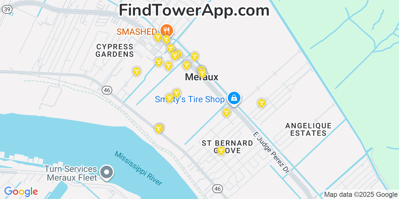 Map showing the 20 primary cell tower locations detected in Meraux, Louisiana from AT&T, Verizon, and T-Mobile networks