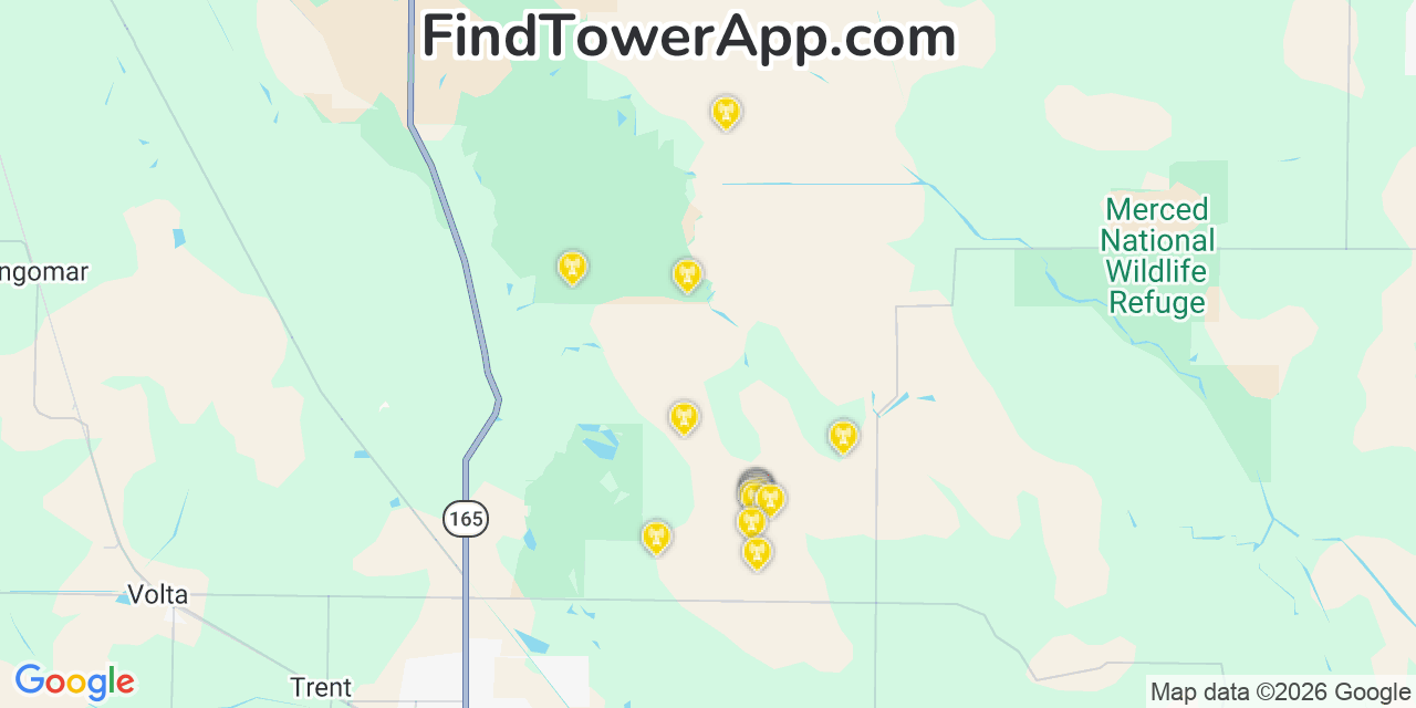 Map showing the 20 primary cell tower locations detected in Merced, California from AT&T, Verizon, and T-Mobile networks