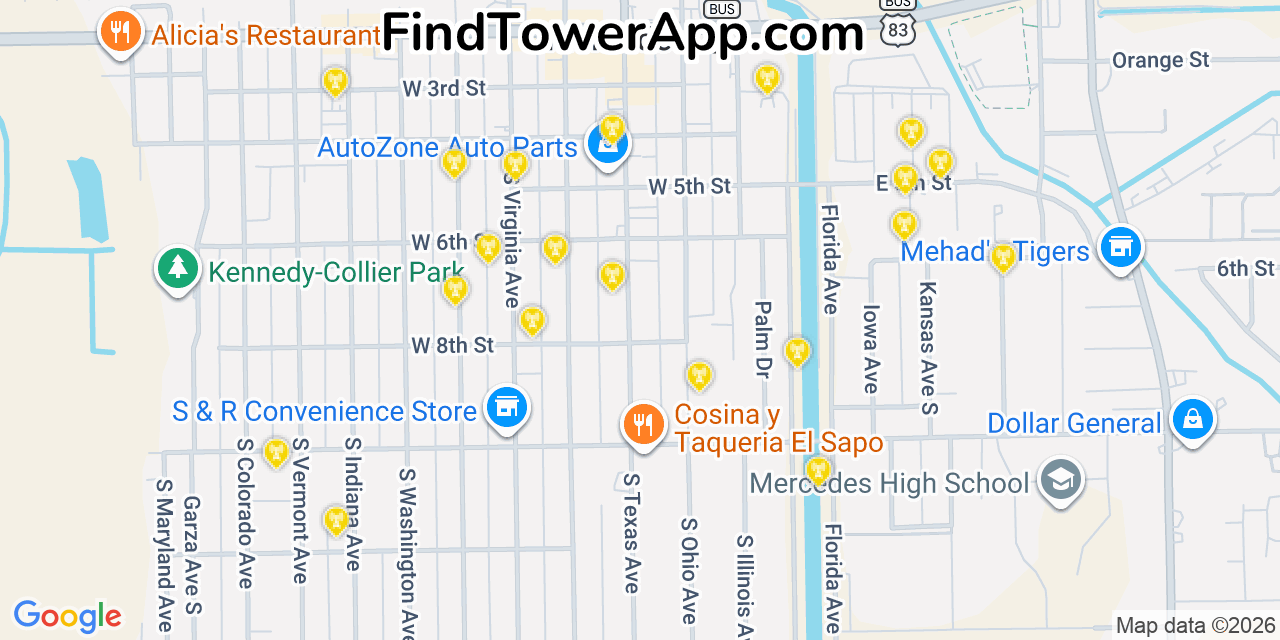 Map showing the 20 primary cell tower locations detected in Mercedes, Texas from AT&T, Verizon, and T-Mobile networks