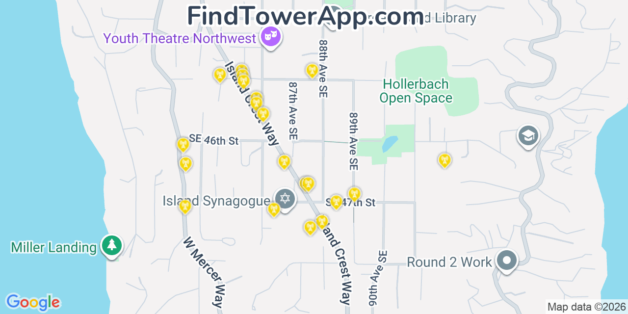 Map showing the 20 primary cell tower locations detected in Mercer Island, Washington from AT&T, Verizon, and T-Mobile networks