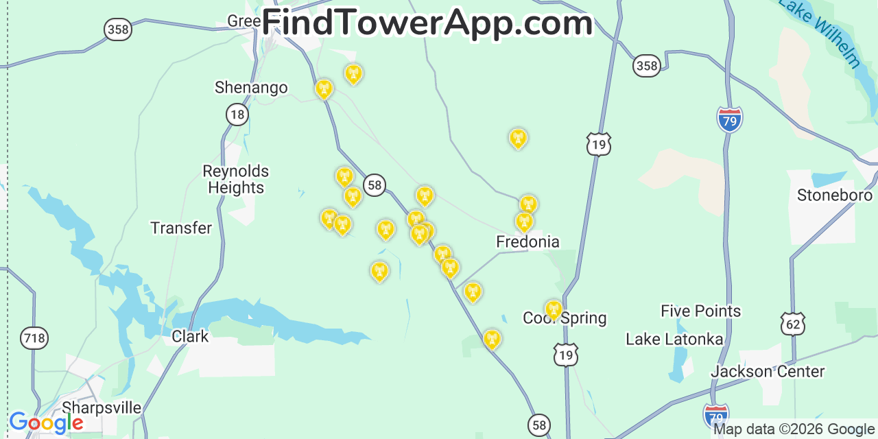 Map showing the 20 primary cell tower locations detected in Mercer, Pennsylvania from AT&T, Verizon, and T-Mobile networks
