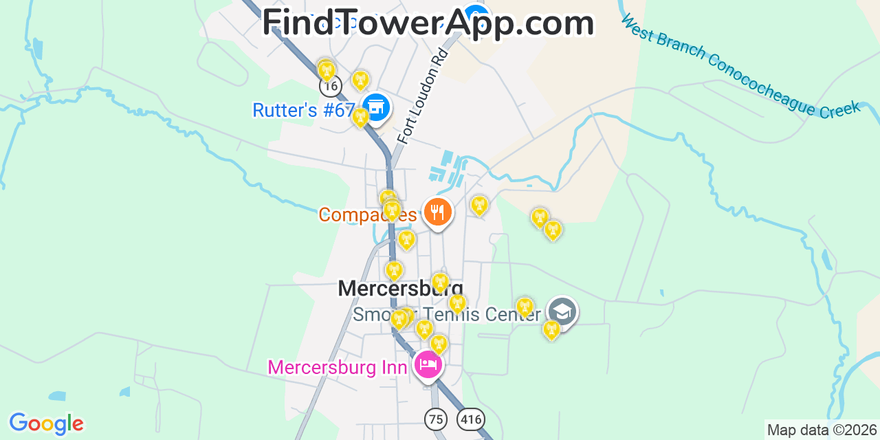 Map showing the 20 primary cell tower locations detected in Mercersburg, Pennsylvania from AT&T, Verizon, and T-Mobile networks